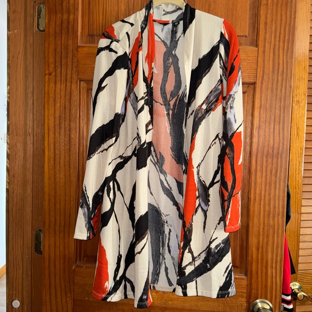 Women’s IMAN duster Cardigan sweater. Black rust tan medium